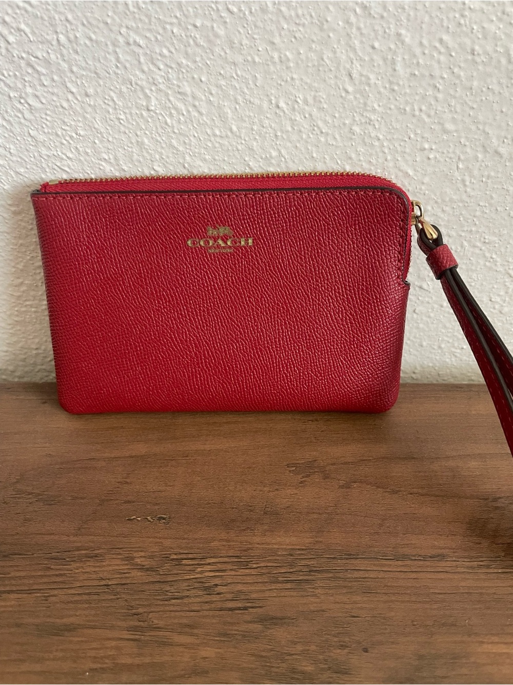 Coach Red Pebbled Leather Wristlet with Gold Logo
